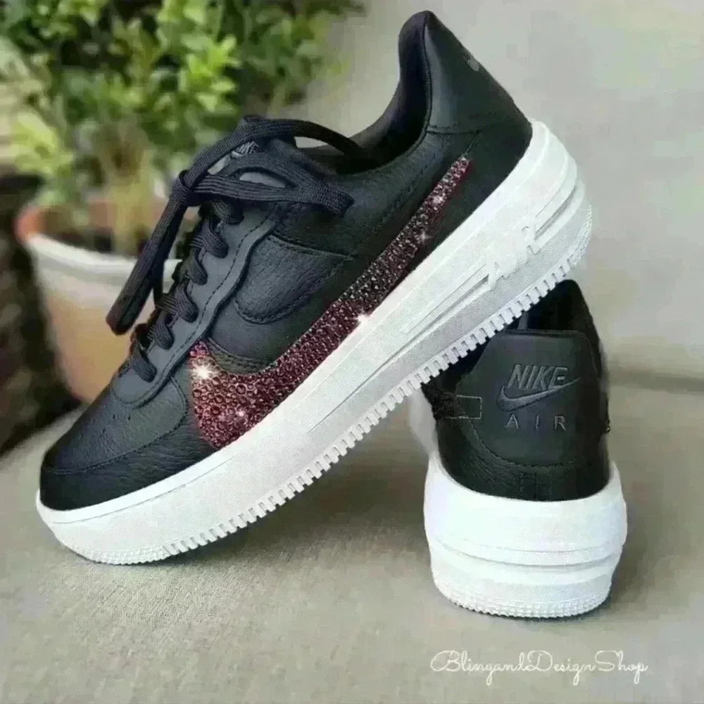 Womens Bling Nike Air Force 1 PLT.AF.ORM Black White Shoes Custom with Crystals - Picture 7 of 10